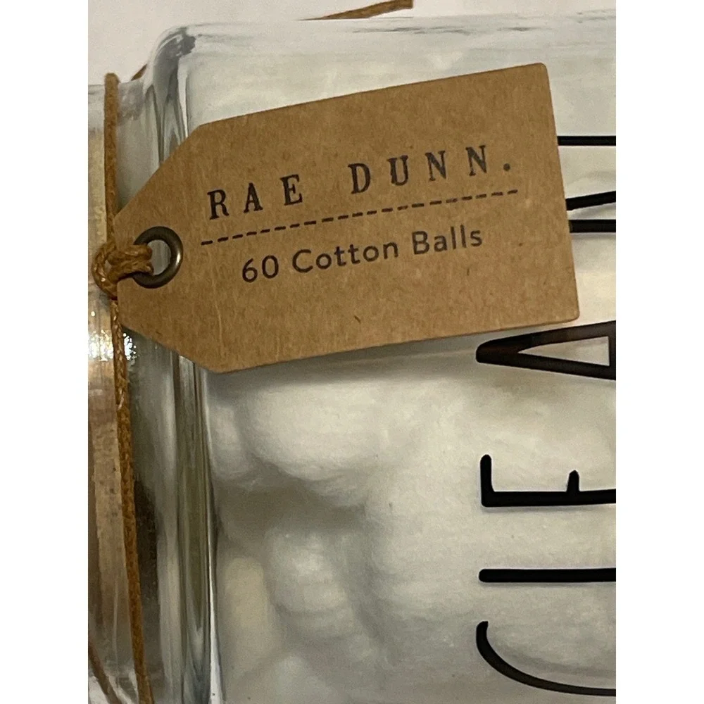 Rae Dunn CLEAN Glass Jar with Wood Lid Bathroom Canister Cotton Ball Holder NEW
